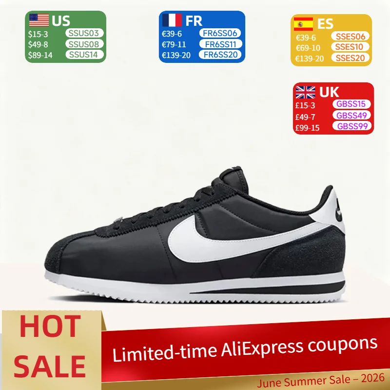 Фото Мужские повседневные кроссовки Nike Cortez: удобные, спортивные, мягкие, облегающие, с амортизацией, нескользящие, низкие – черно-белые HF0263-001 №1