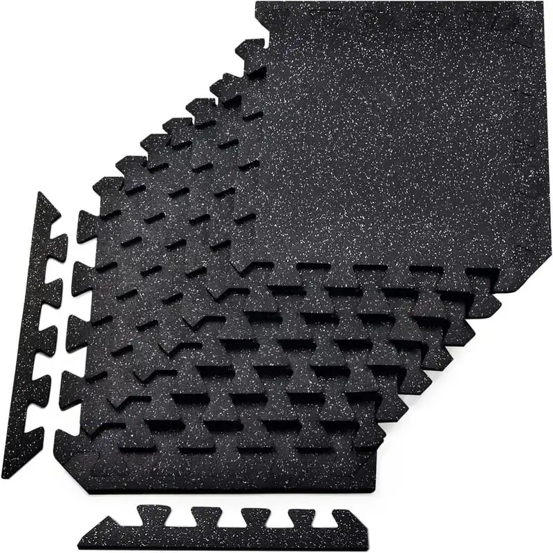 

3/8 inch Thick Interlocking Rubber Floor Mat, 8 Tiles, 20Sqft, Grey Dot
