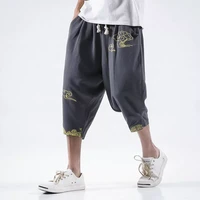 men chinese style embroidery calf length trousers men streetwear casual pants men cotton linen harem joggers
