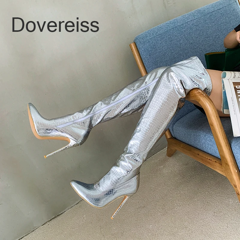 

2022 Winter Fashion Clear Heels Ladies Boots Silver Gold Over The Knee Boots Pointed Toe Stilettos Heels Sexy Big Size 44 45 46