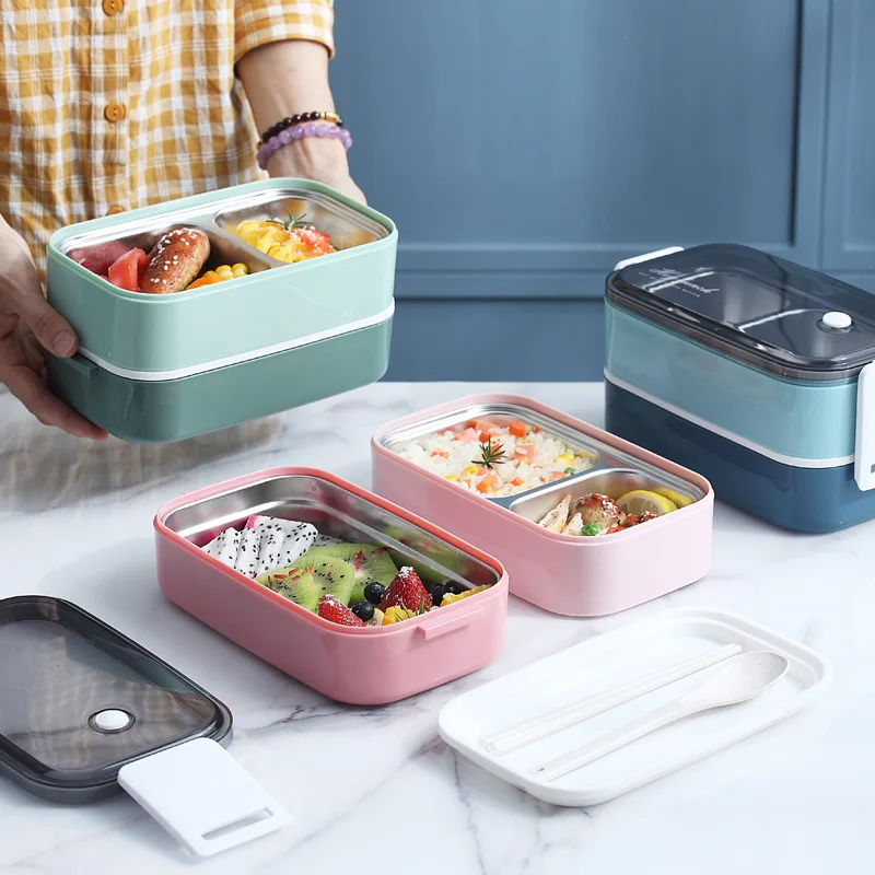 

Portable Lunch Box Office Worker Bento Boxes Stainless Steel Double-Layer Salad Fruit Food Storage Container Microwave Heated