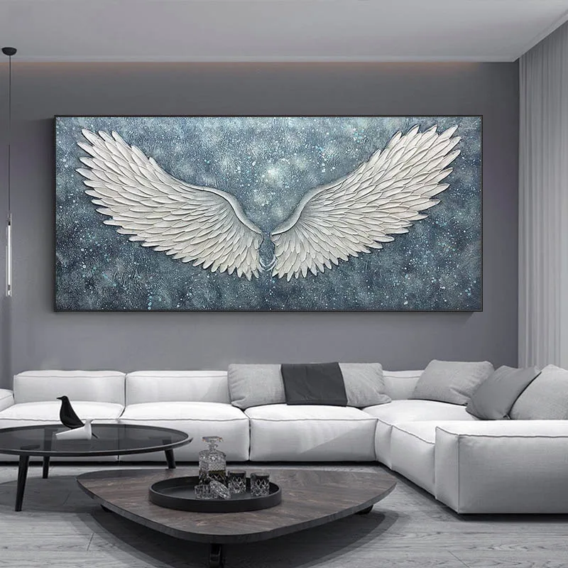 

Mdoern White Angel Wings Starry Blue Luxury Art Canvas Oil Painting Abstract Poster Print Wall Art Picture for Living Room Decor
