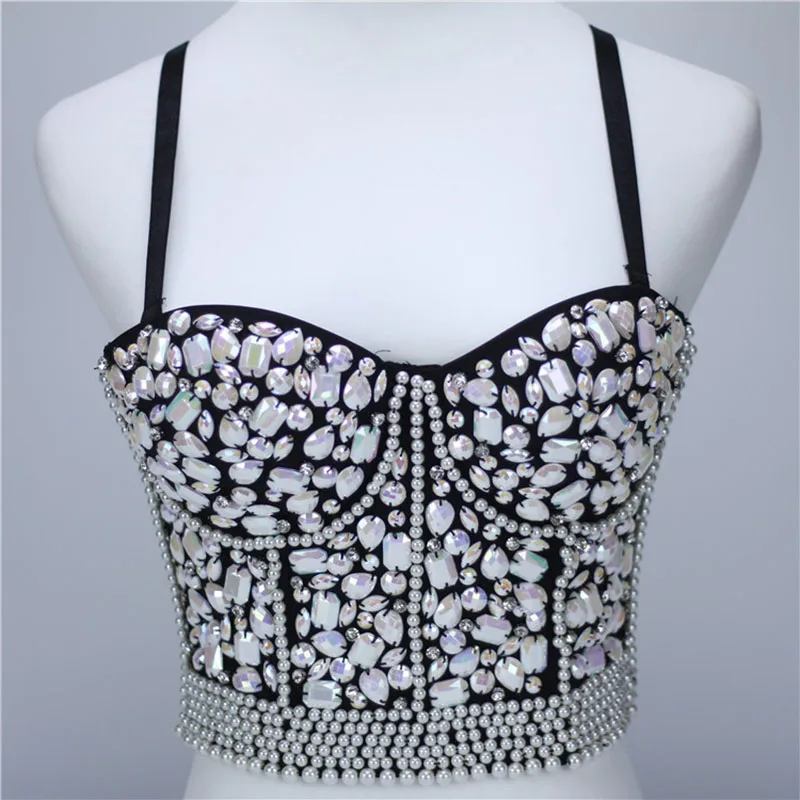 

Black Rhinestone & Pearl Beads Punk Rave Women Brassiere Sexy Spaghetti Strap Push Up Bra Crop Top Bralette Nightclub Dance Wear