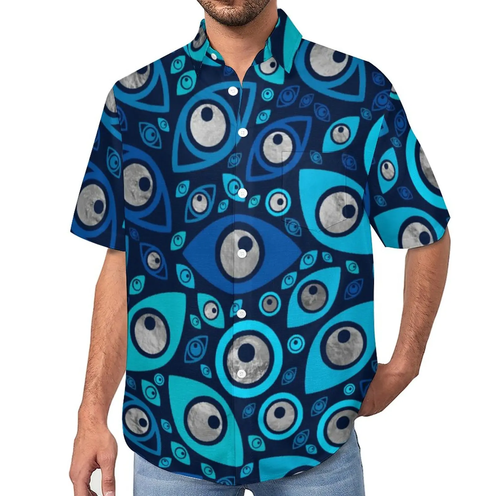 Greek Evil Eye Print Vacation Shirt Blues and Silver Summer Casual Shirts Mens Trendy Blouses Short Sleeve Clothing Large Size