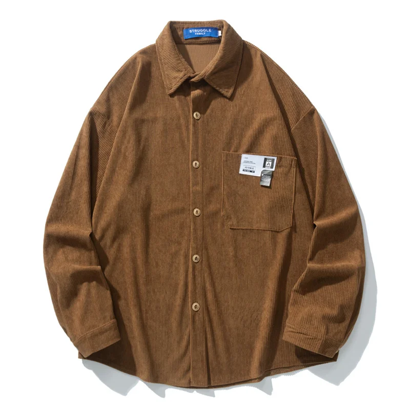 

Men Corduroy Shirts Casual Solid Color Vintage Japanese Long Sleeve Shirt 2022 Autumn Harajuku Hip Hop Loose Shirts Streetwear