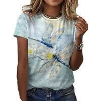 fashion womens o neck short sleeved t shirt colorful 3d dragonfly print t shirt summer urban trend elegant women