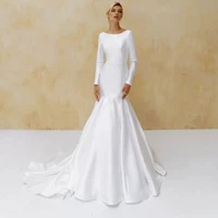 simple satin mermaid wedding dresses for women elegant scoop draped bride gown 2022 full sleeve sweep train vestido de novia
