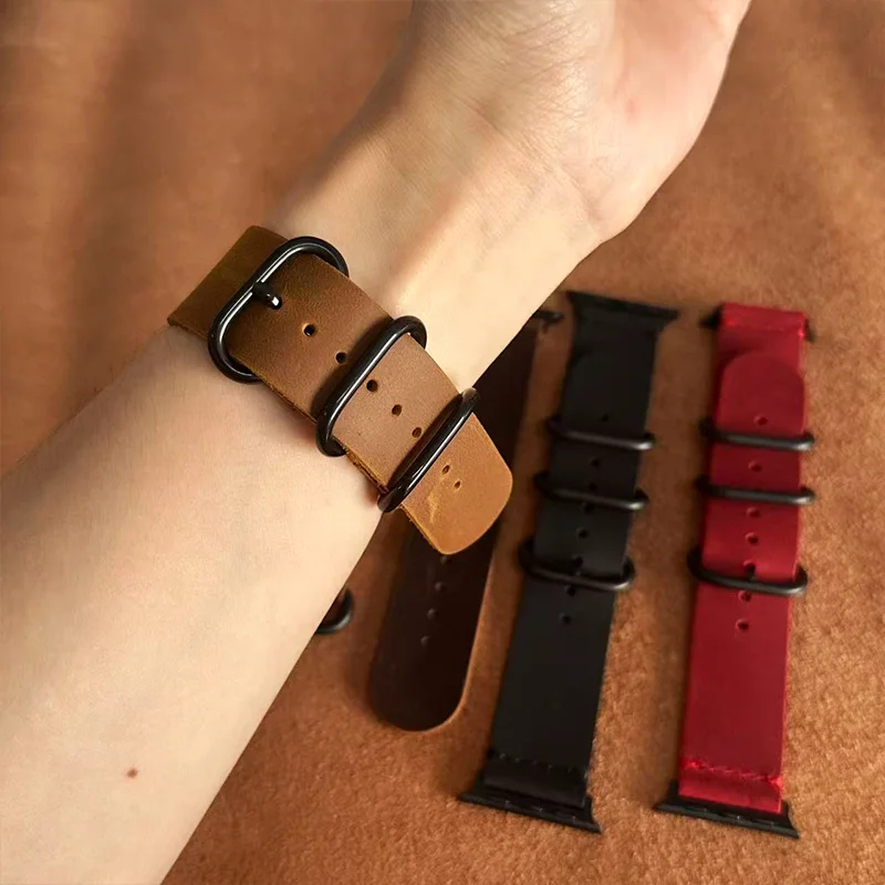 Фото Ремешок из натуральной кожи Crazy Horse для Apple Watch Series 11, 10, 9, 8, 7, 6, SE, 5, 4, Ultra 3, 49 мм, классический дизайн с железной пряжкой-кольцом. №2
