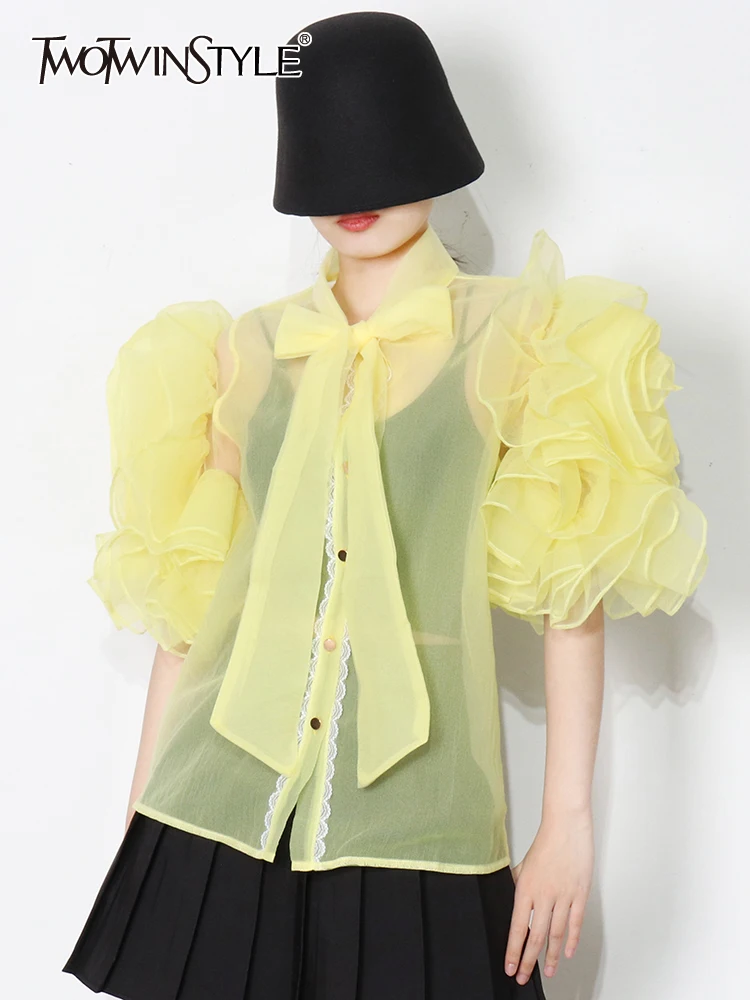 

TWOTWINSTYLE Casual Shirt For Women Bowknot Collar Half Sleeve Sheer Solid Button Through Blouse Female Fashion Clothing Style