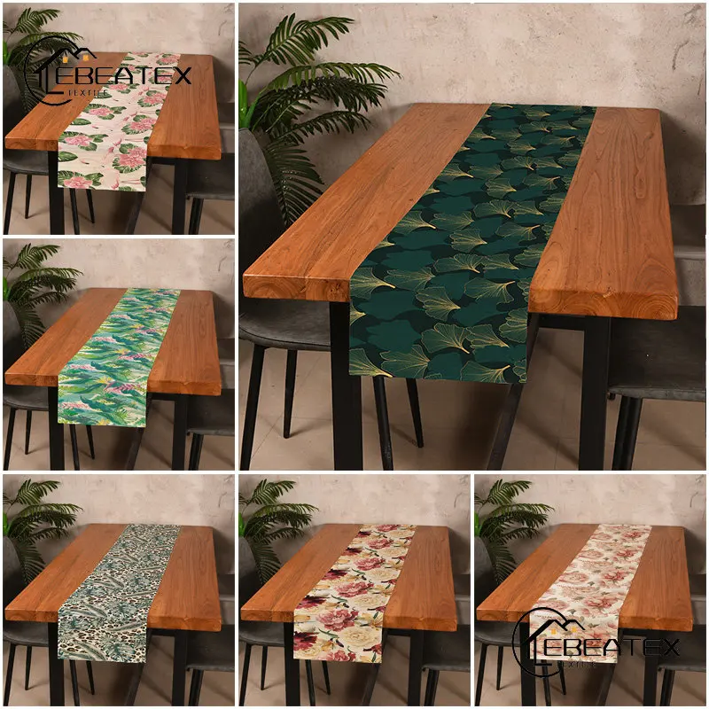 

New Green Table Runner Plant Flower Print Dinner Table Decoration Accessories Holiday Party Wedding Decor Table Runners 33*180