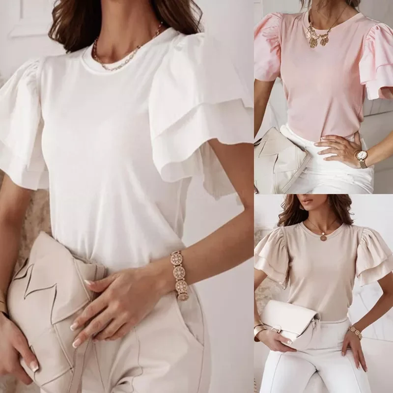 

Lady Elegant O-Neck Solid Simple Blouse Summer Fashion Ruffle Short Sleeve Design Tops Women Casual Slim Pullovers Blusa