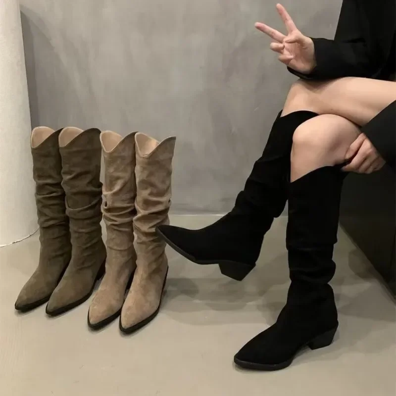 

New Western Cowboy Boots for Women Pointed Toe Shoes Brand Suede Leather Shoes Knee High Chunky Heel Comfy Walking Boot Woman