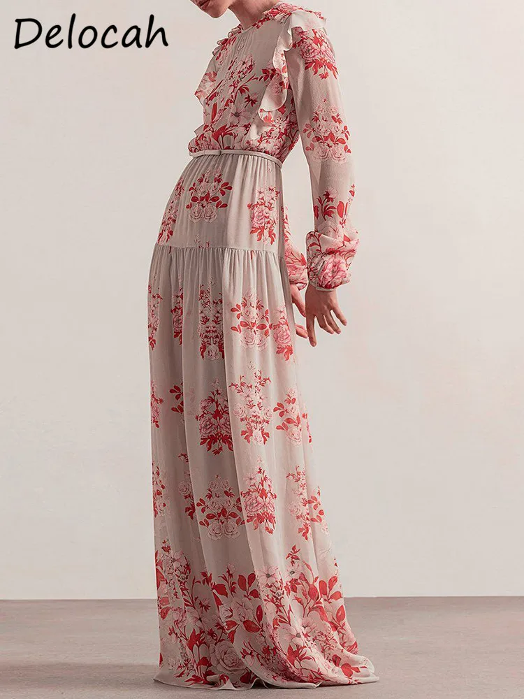 

Delocah High quali Summer Sundress Women Fashion Runway Designer Long Dress Lantern Sleeve Vintage Floral Print Ruffles Dresses