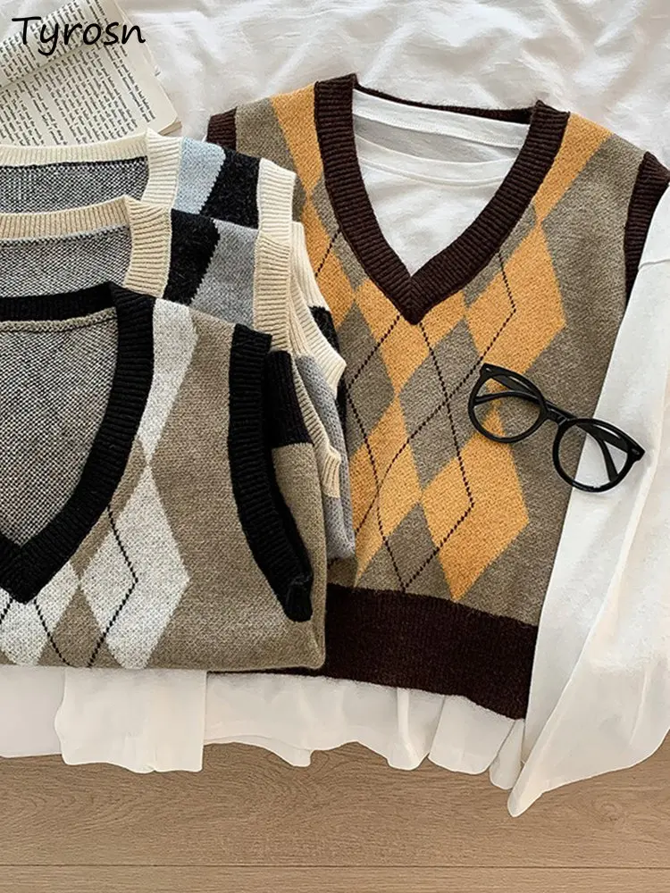 

Sweater Vests Women 4 Colors Preppy Style Classic Argyle Retro Design Students All-match Leisure Chic Autumn Loose Simple Daily