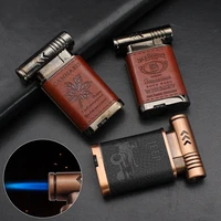 creative embossing leather cover lighter inflatable press ignition windproof metal jet blue flame gas cigarette cigar lighters