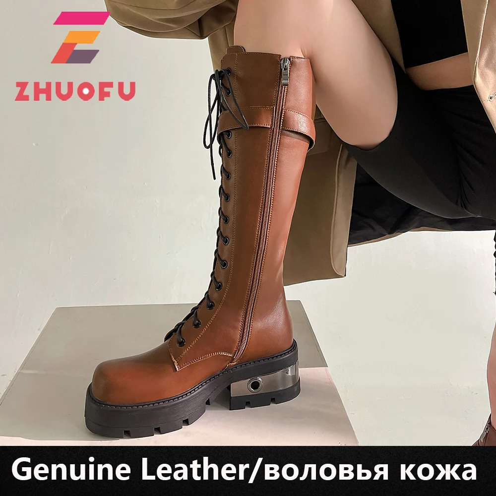 

Женские сапоги до колена ZHUOFU, высокие сапоги на толстом каблуке и платформе, японский стиль Харадзюку, Боевая обувь из натуральной кожи, в стиле панк, с металлическим покрытием, 2023