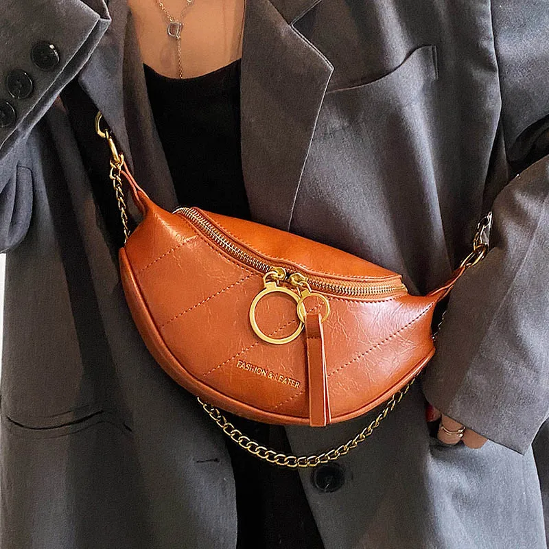 

Top Brands Chain Waist Belt Bag For Women Leather Crossbody Chest Bags Waist Banana Bags Fashion Phone Purses Ladies Fanny Packs
