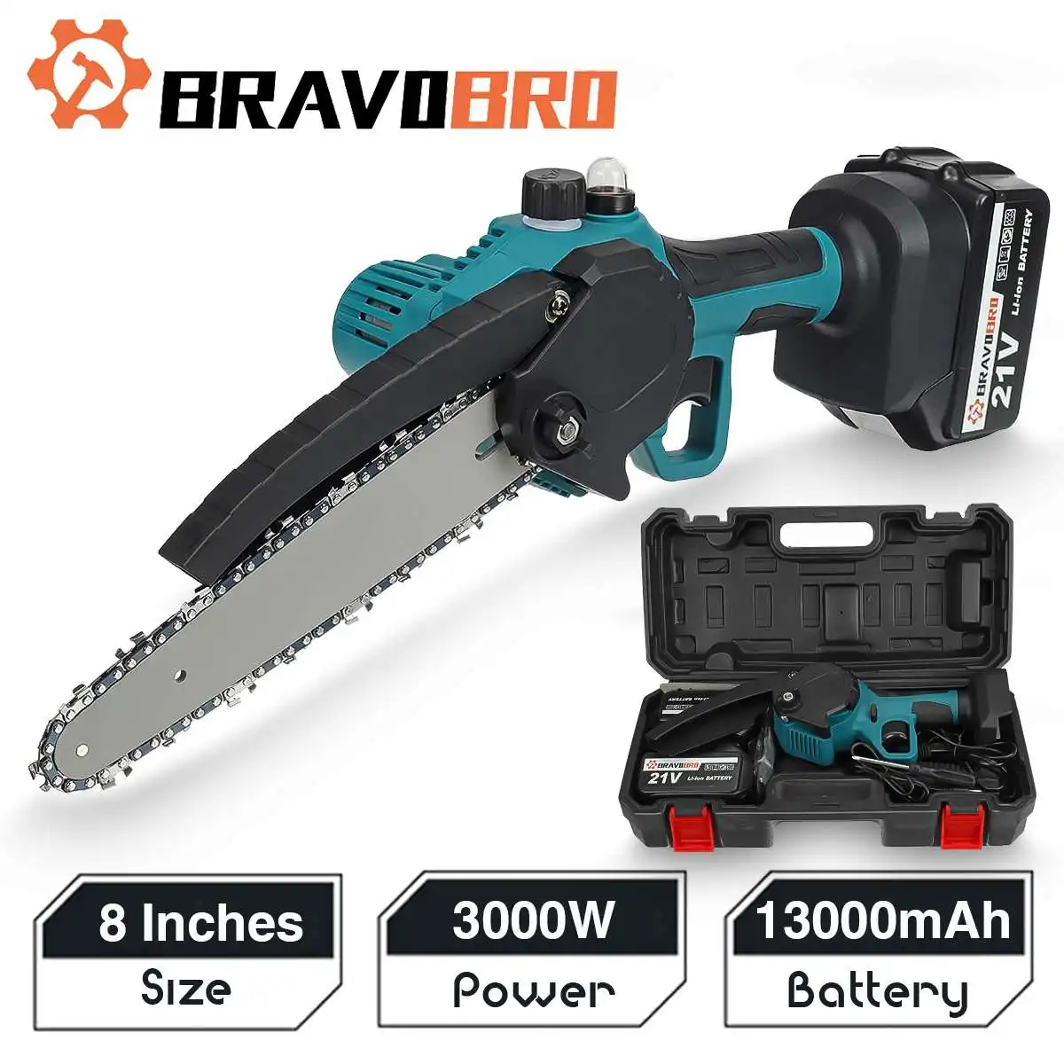 

21V 8 Inch Electric Saw Chainsaw with 1/2 Battery 3000W Rechargeable Oil Automatic Spray Woodworking Tool For Makita 18V Battery