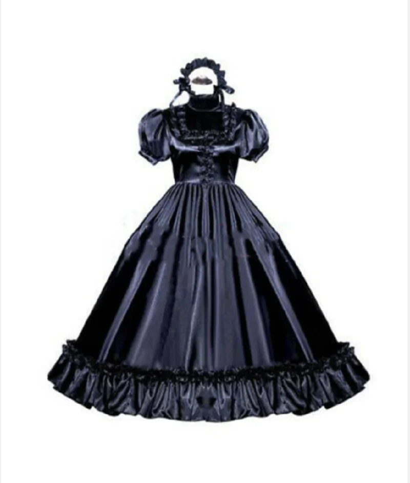 

Maid Cosplay Costume Girly Lockable Black Satin Dress Sexy Cute Custom Glamour Adult