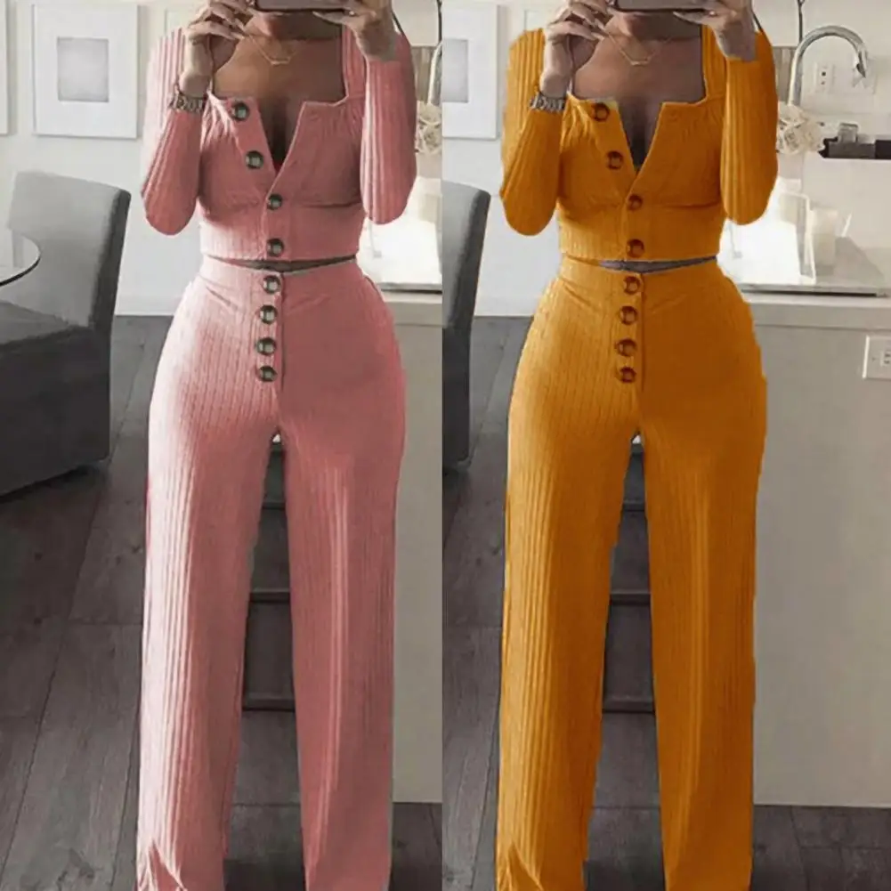 

1 Set Simple Elegant Buttons Top Pants Coat Trousers Streetwear High Waist