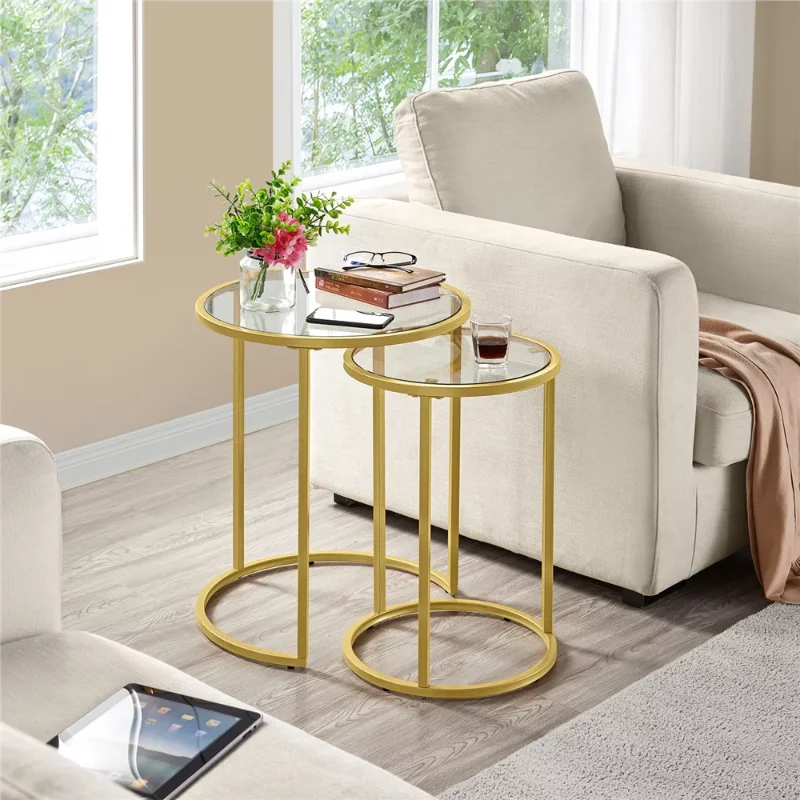 

SmileMart Round Iron Nesting Tables, Gold/Clear, Set of 2 coffee table small table living room table