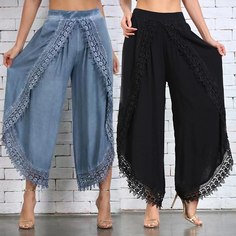New Women Lace Wide-Leg Pants Loose Ankle-Length Harem Pants Female Split Double Layer Front Summer Thin Casual Trousers