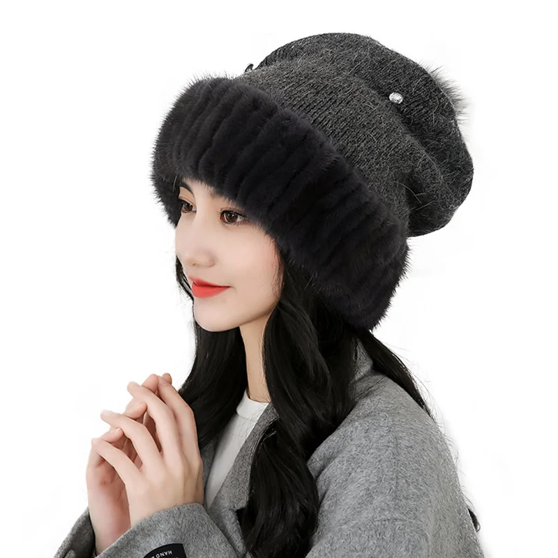 Women Winter Warm Real Mink Fur Hat  Snow Cap Winter Hats For Women Girls Real Fur Knit Skullies Beanies Knitted Fur Hat