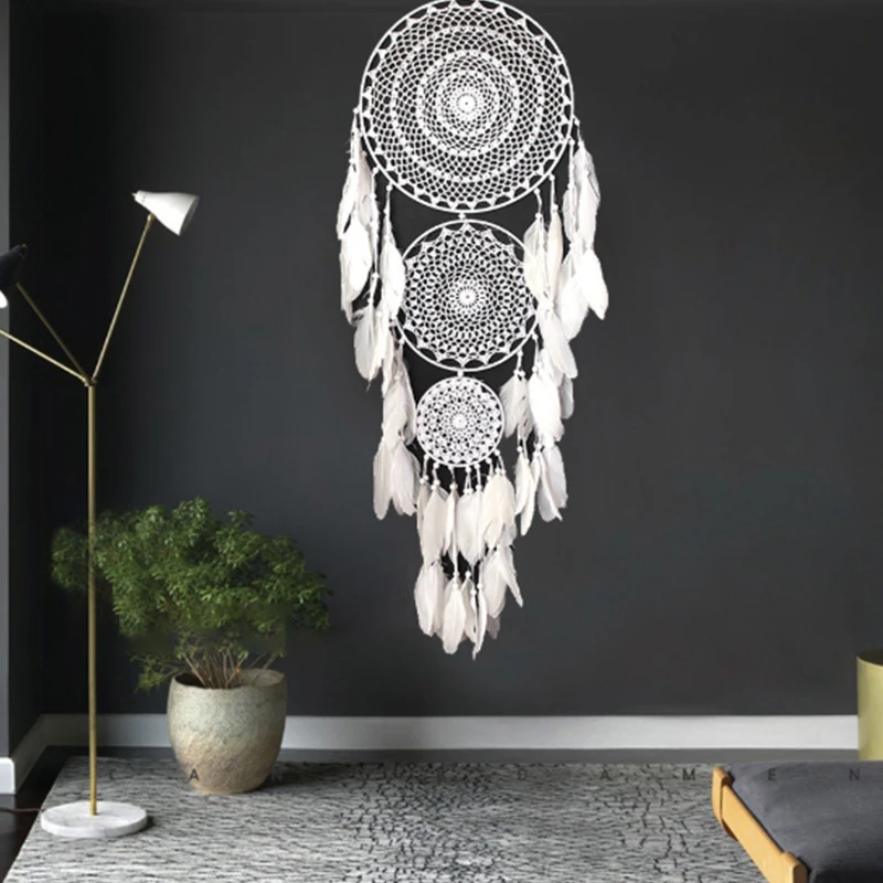 

2X Extra Large Boho Dream Catcher With 3 Circles White Feather Macrame Hanging For Wedding Home Decorations 127 Cm Long