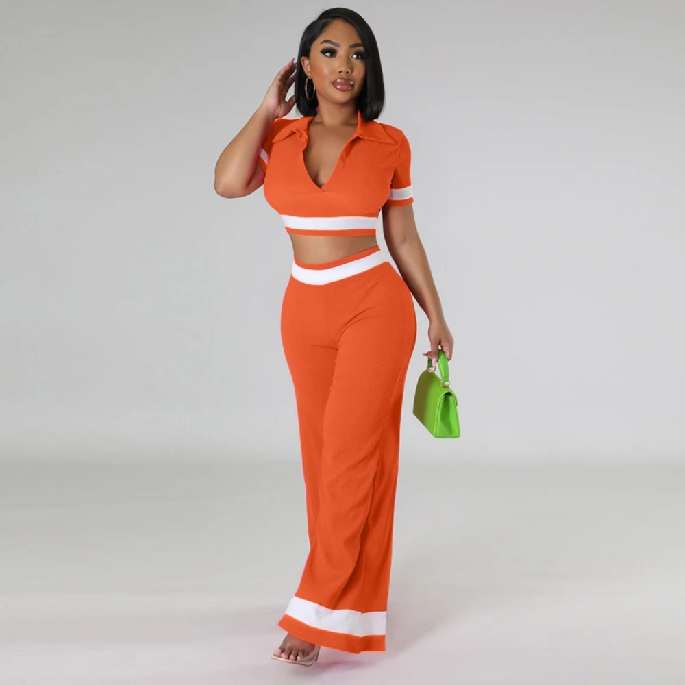 

Женский уличный костюм в стиле пэчворк, белая футболка с воротником-поло и широкие брюки, модный костюм из двух предметов, спортивный костюм...