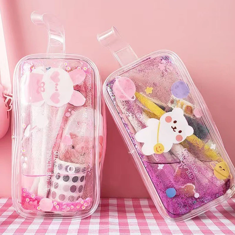 Милая прозрачная сумка для карандашей с зыбучим песком мультяшный медведь