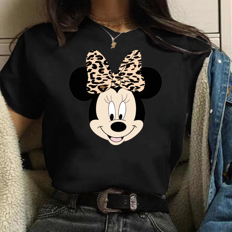 

Модная женская футболка Disney 90-х, с мультяшным леопардом, Минни Маус, кавайный Топ, женская футболка Ulzzang, повседневные топы с коротким рукаво...