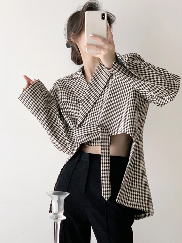 

COZOK Houndstooth French Suit Short Coat Women's Irregular Fashion Temperament Navel Exposed Coats Y2K Autumn Top long Sleeve