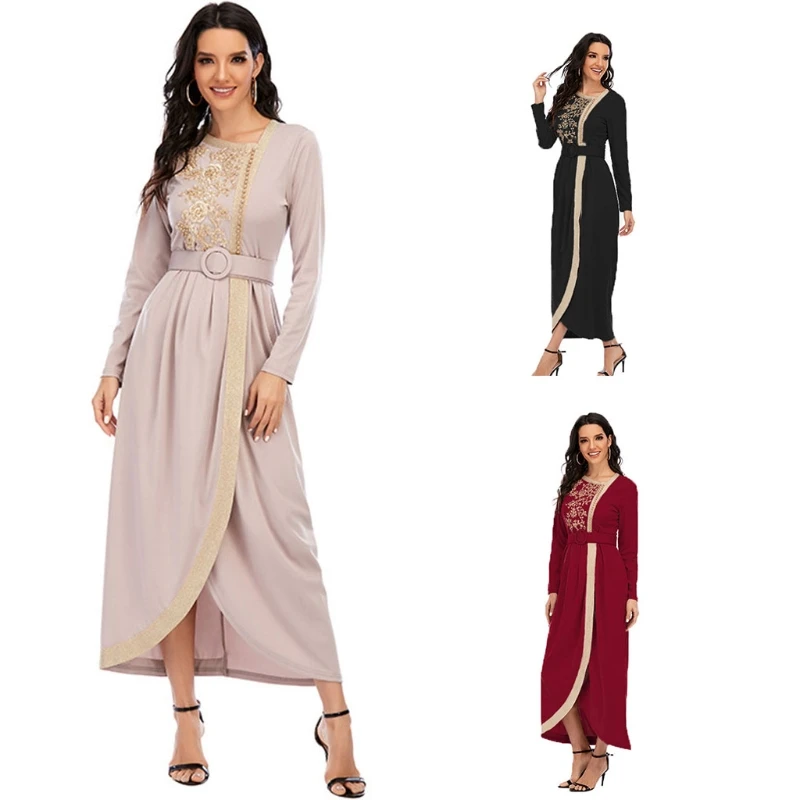 

Women Muslim Maxi Wrap Dress Embroidery Applique Beaded Islamic Abaya Gown Robe