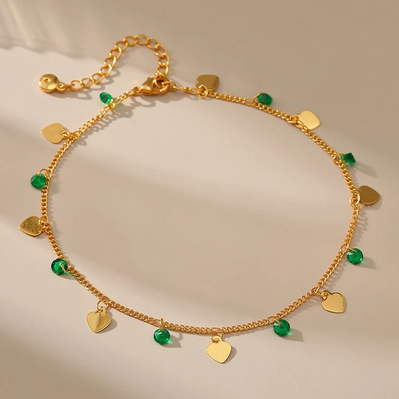 

Simple Peach Heart Pendant Green Bead National Style Anklets 18k Gold Plated Link Chain Waterproof Ankletfor Women Jewelry