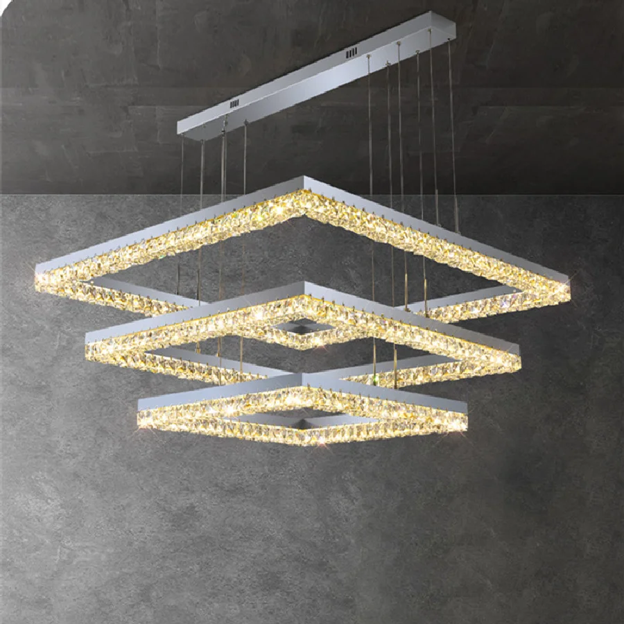 

Living Room Square Chrome Steel Led Pendant Lights Modern Smart Dimmable Hanging Lamp Lustre K9 Crystal Suspend Lamp Fixtures