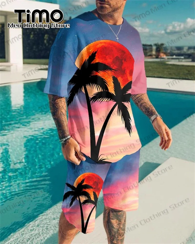 Hawaiian Men's Set Summer Beach Fashion Casual T-shirt+Shorts 2 Piece Set Daily Oversized Loose O-Neck Sportswear For Men