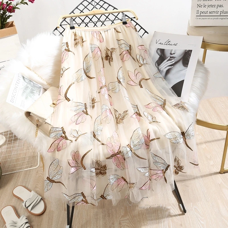 

Юбка Женская Длинная с вышивкой, газовая с принтом стрекозы, с завышенной эластичной талией, облегающая Милая летняя фея, N723