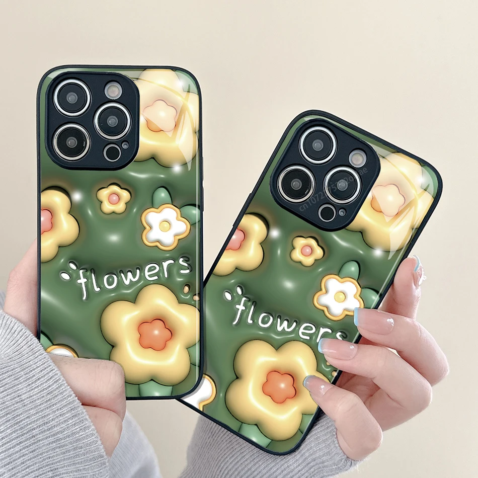 

Multiple Bulging Flowers Glass Phone Case For iPhone 14 13 12 11 Pro Max Mini XS Max X XR 7 8 Plus Se2 SE3 Protection Back Cover