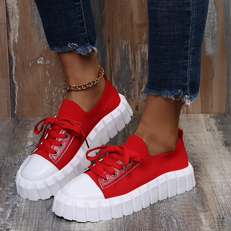 

Shoes for Women 2022 Spring New Fashion Stretch Fabric Ladies Lace Up Platform Vulcanized Shoes 35-43 Large-Sized Sport Sneakers