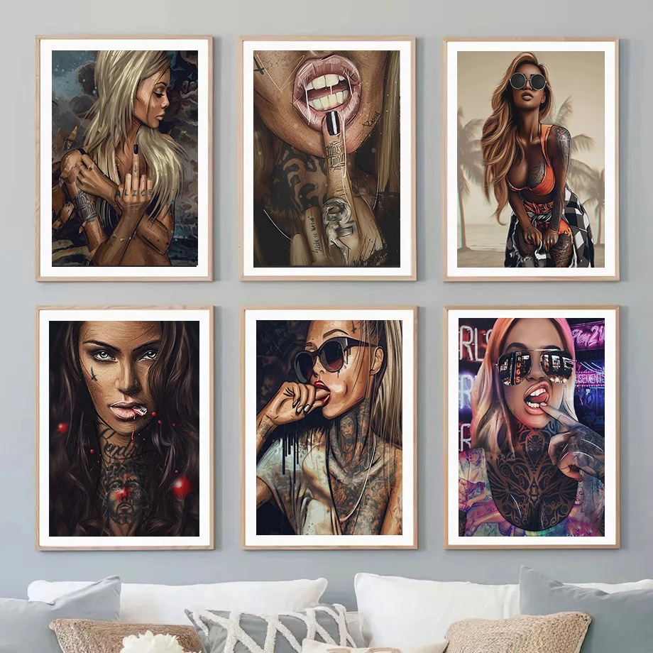 Современная модная темная Татуированная сексуальная девушка крутой черный