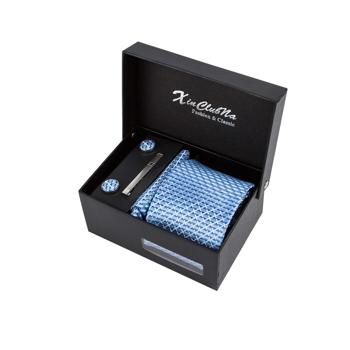 

Набор мужских галстуков Ikepeibao, синий галстук в клетку, металлическая застежка и запонки, Подарочная коробка с квадратным карманом