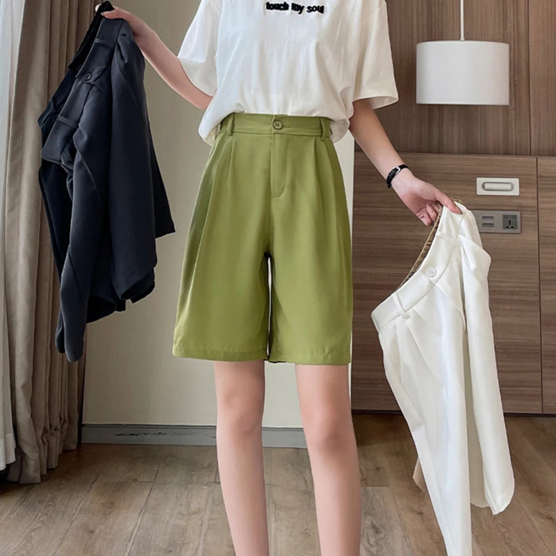 

2023 Summer Black Suit Shorts Woman High Waist Wide Leg Shorts Female Casual Half Trousers Loose Knee Length Pants Femme