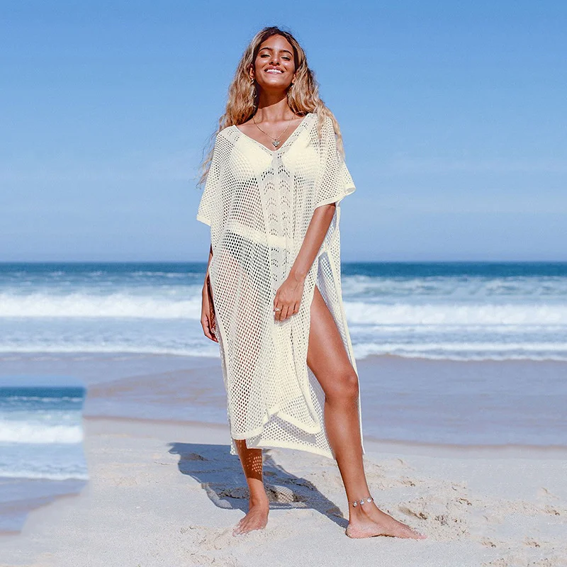 

Women's Sunscreen Beach Cotton Pullover White Hollow Out Up Sexy Side Split Beach Dress 2022 Summer Dress Beachwear