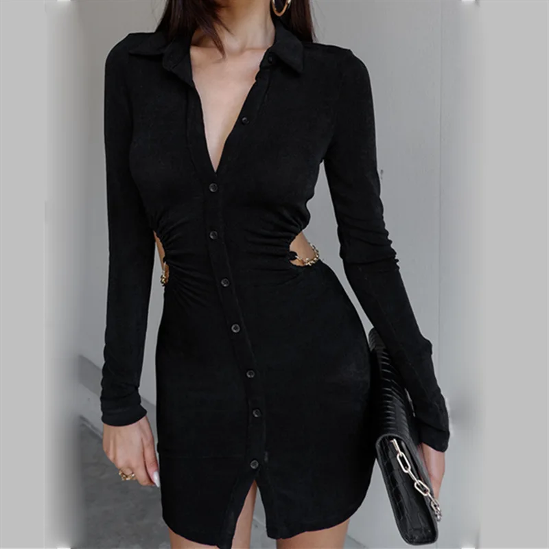 

Fall/Winter Women's Lapel Single-breasted Long Sleeve Hollow Chain Patchwork Mini Shirt Dress Skinny Sexy Streetwear Party Club