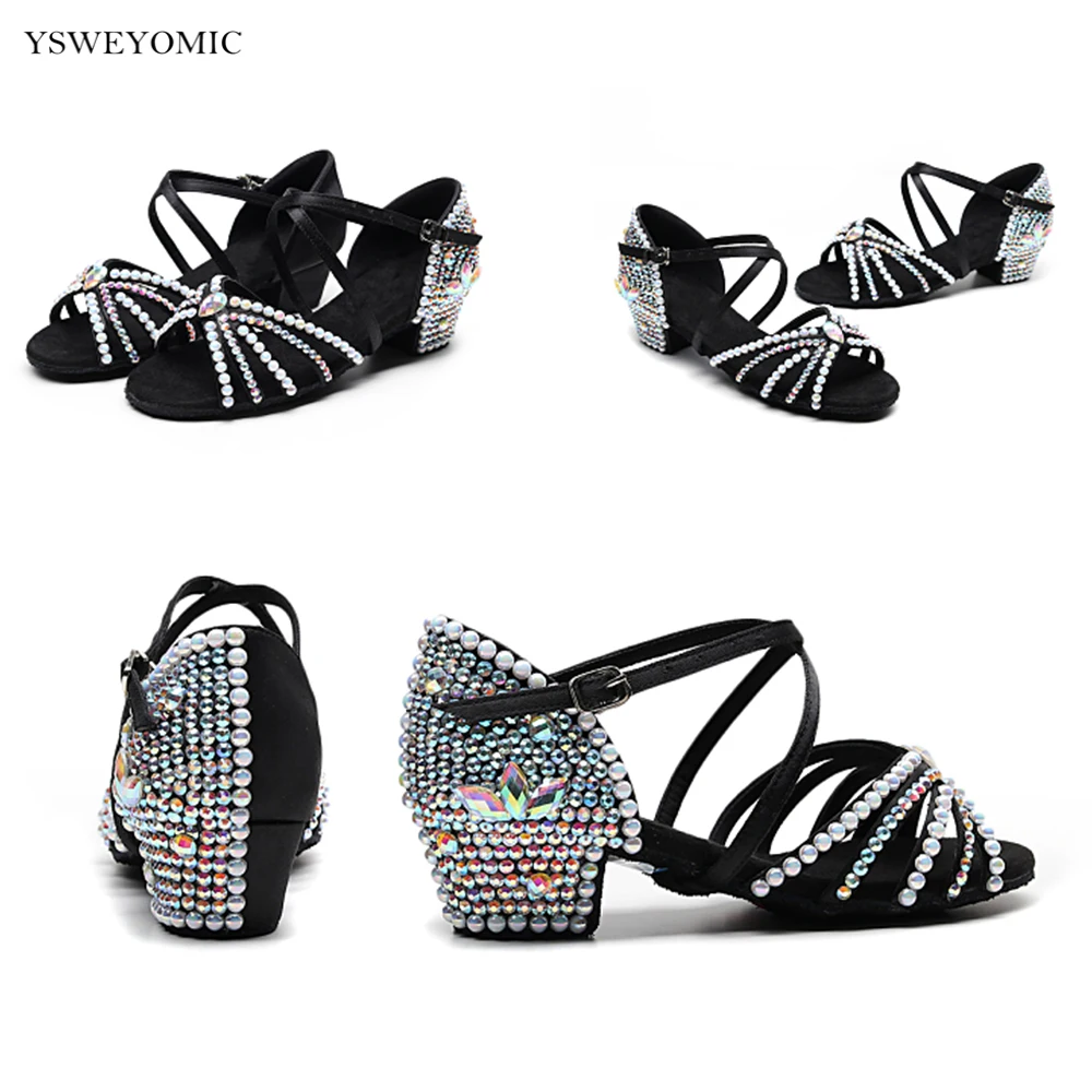 Child Latin Ballroom Dance Shoes 3.5cm Brown Black White Rhinestones Ballroom Salsa Latin Dance Shoes For Girls