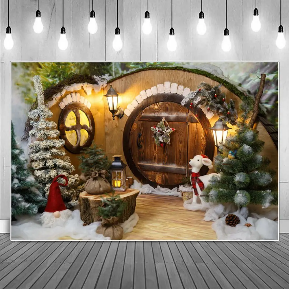 

Round Door Dwarf Cabin Photography Backgrounds Fairy Tale Light Wooden Gnome Hut Children Backdrop Photographic Portrait Props
