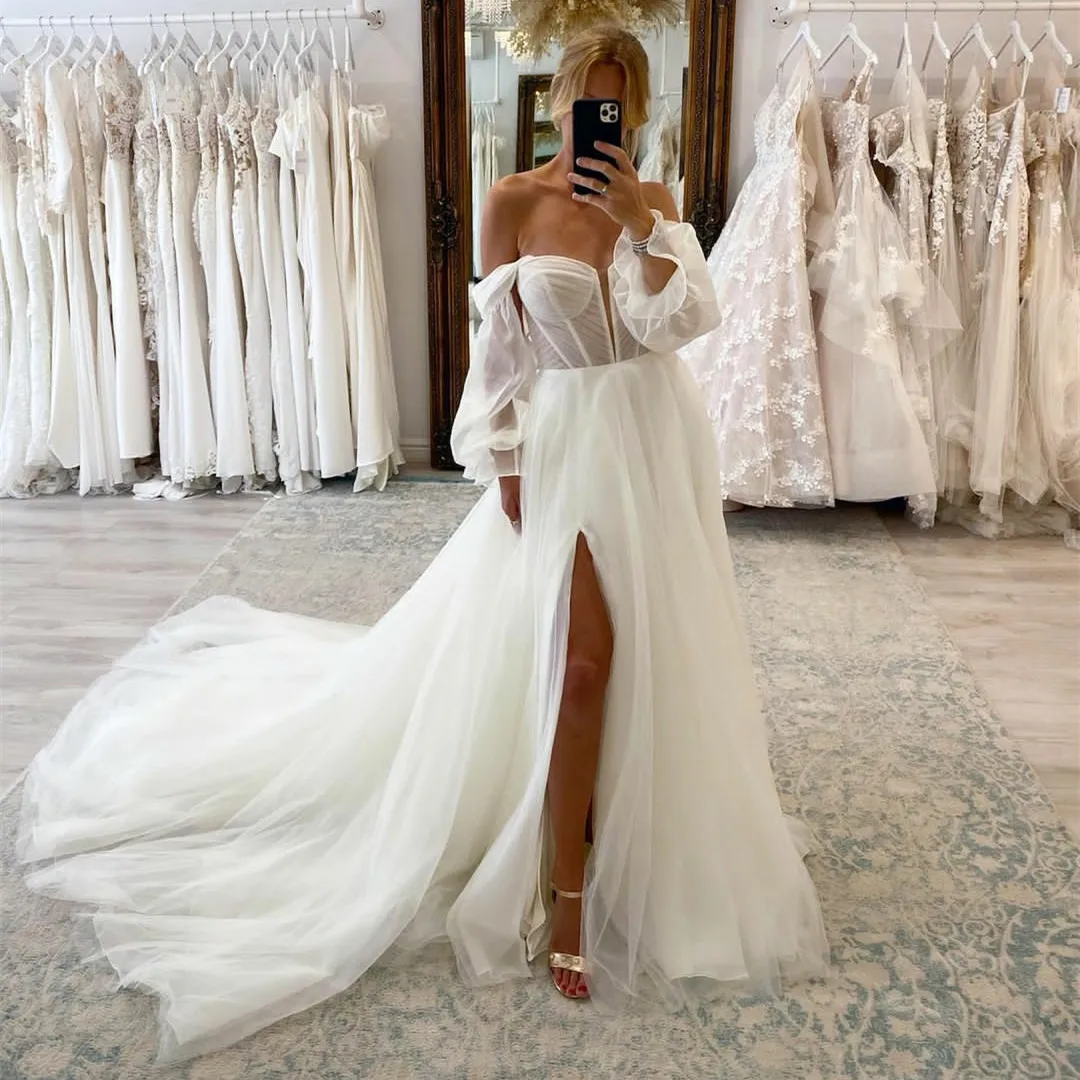 

Женское длинное свадебное платье из органзы, элегантное Тюлевое платье с рукавами, разрезом по бокам и молнией сзади, со шлейфом, цвета слон...