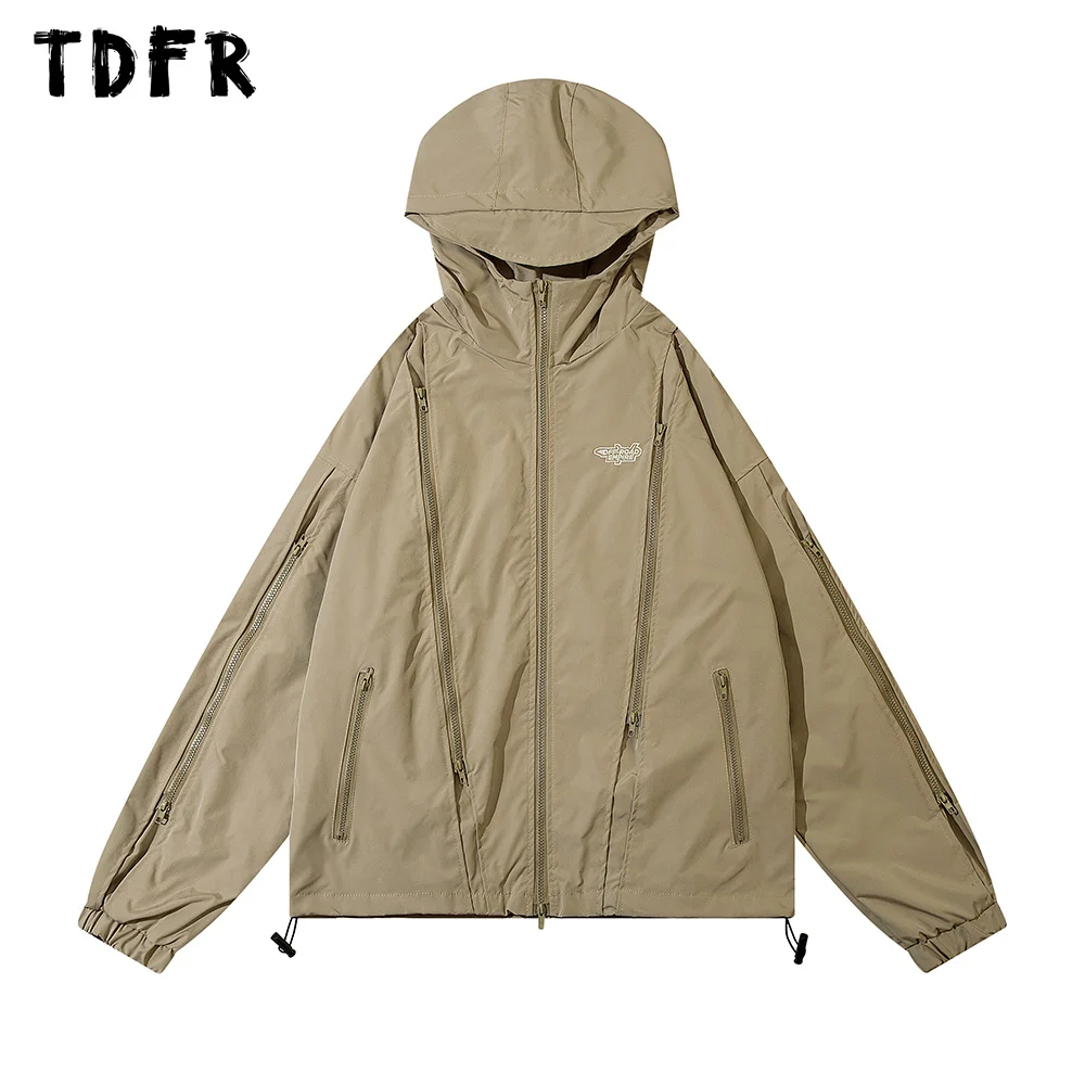 Zipper Decoration Hooded Jacket Men Safari Style Solid Color Long Sleeve Drawstring Hem Cargo Outerwear Men