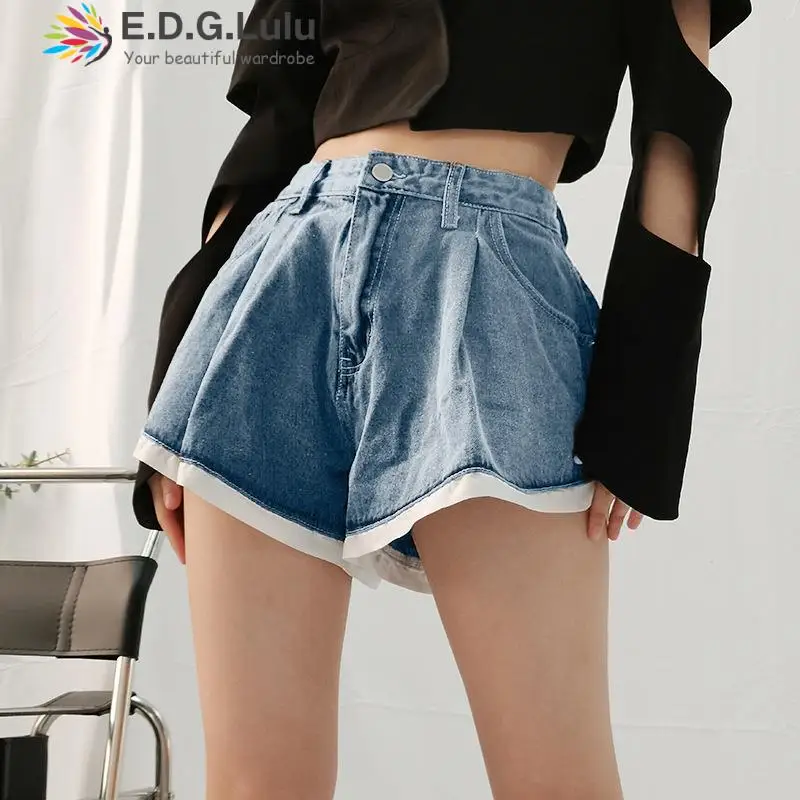 

EDGLuLu 2022 Summer Women High Waist Button Ol Contrasting Colors Jeans Shorts Casual Female Loose Fit Blue Denim Shorts 0420