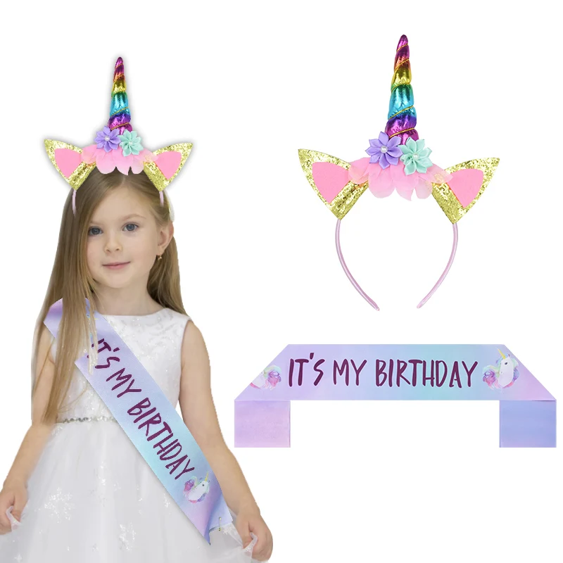 

Unicorn Headband Baby Shower Birthday Girl Headwear Party Hair Hoop Hairbands Hair Accessories Satin Ribbon Sash Unicorn Decor